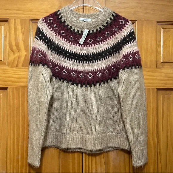 Madewell Alpaca Blend Tan and Wine Crew Neck Sweater with Fair Isle Pattern - Picture 2 of 10